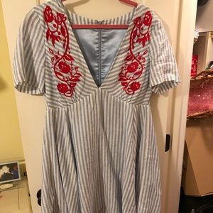 Blue and white stripe dress with red embroidery